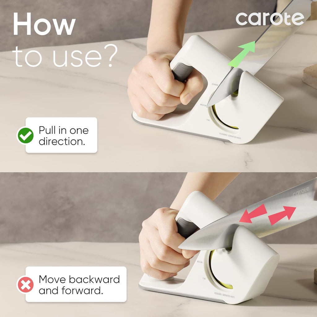 CAROTE 4-in-1 Knife Sharpener for Kitchen Knives Pocket Knife Sharpener Helps Repair, Restore,Polishe Blades, Safe & Easy to Use with Non-Slip Base and Grip Light Grey