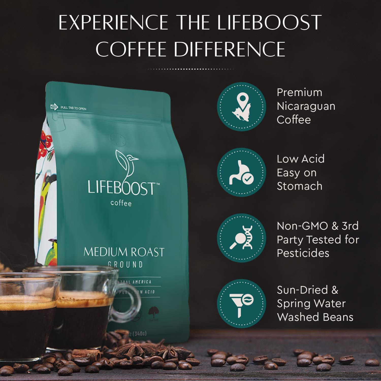 Lifeboost Coffee Whole Bean & Ground Coffee - 2 Pack Bundle - Low Acid Medium Roast x 2