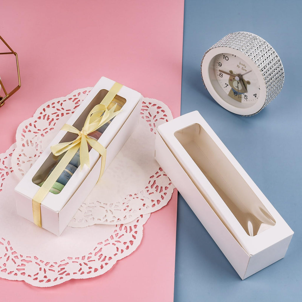 25 Pack Macaron Boxes for 5-7 Macarons Cookie Candy Strawberry Boxes Macaron Container Packaging Boxes with Ribbon for Gift Giving(White)