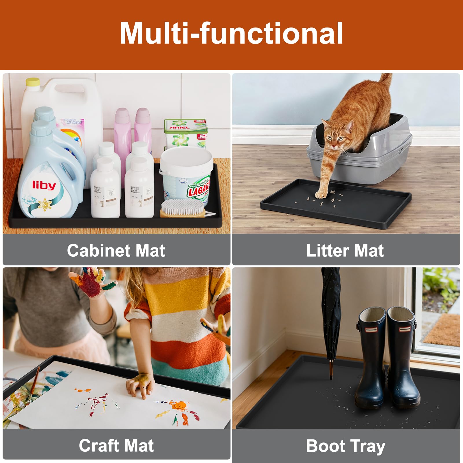 Extra Thick Silicone Mat Waterproof with Raised Edge 34" x 22", Under Sink Mat for Kitchen & Bathroom, Kitchen Cabinet Liner, Multi-Purpose for Storage & Protection, Gray