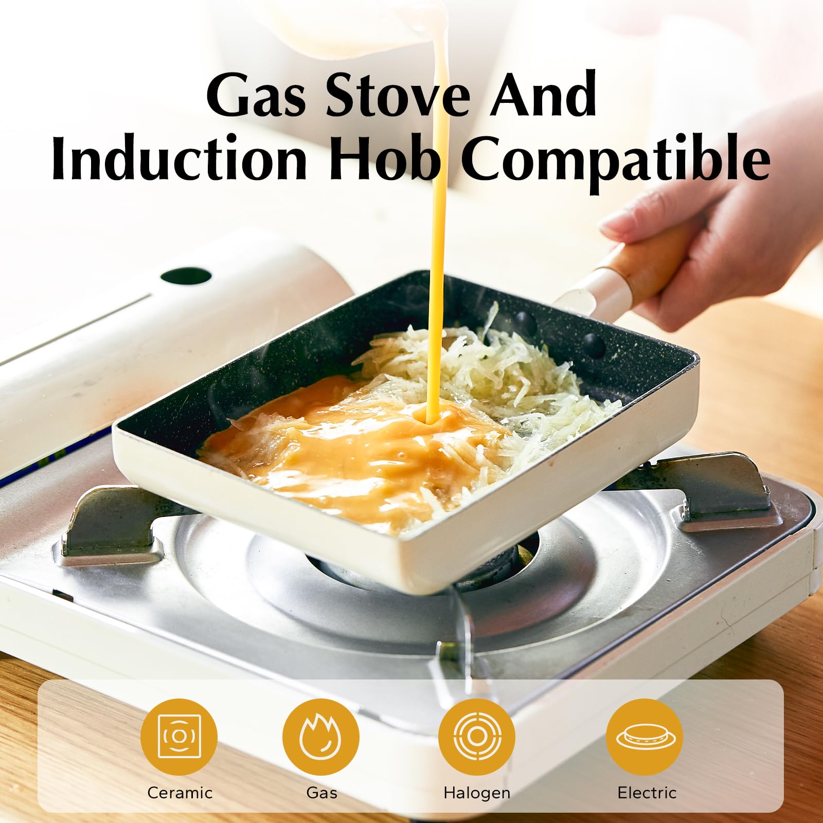 ROCKURWOK Nonstick Tamagoyaki pan, Japanese Omelette pan, Non-stick Egg Roll Pans, Retangle Tamago Pan, Small Frying pan with Silicone Spatula Brush, 7” x 5” White