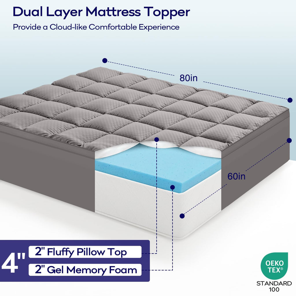 OLANLY Dual-Layer 4 Inch Queen Size Memory Foam Mattress Topper for Back Pain, 2 Inch Cooling Pillow Top Mattress Pad Cover and 2 Inch Gel Memory Foam Topper, Deep Elastic Pocket, Grey
