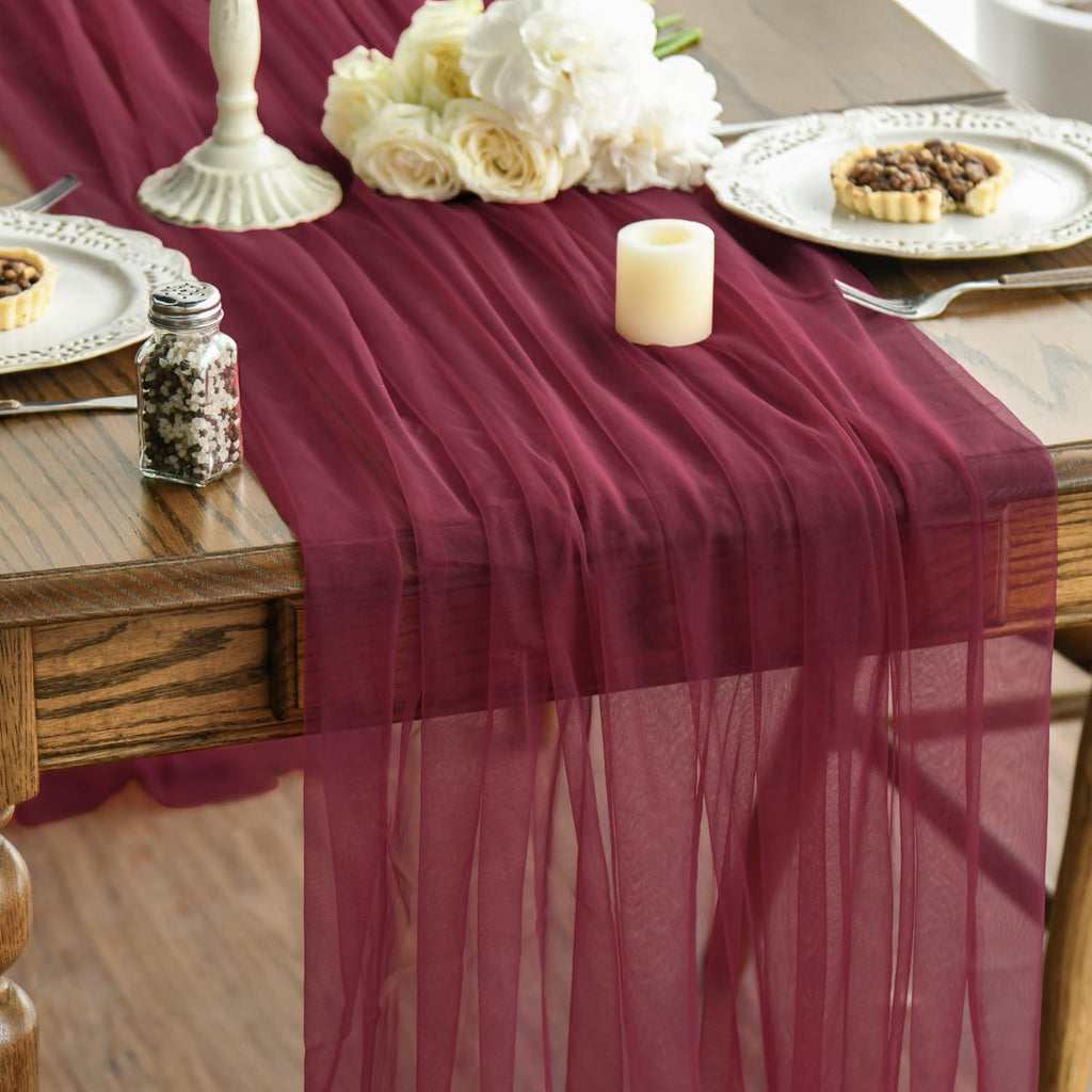 Artoid Mode Red Gauze Table Runner 120 Inch 10FT, Seasonal Sheer Kitchen Dining Holiday Wedding Birthday Baby Shower Table Decor for Home Party
