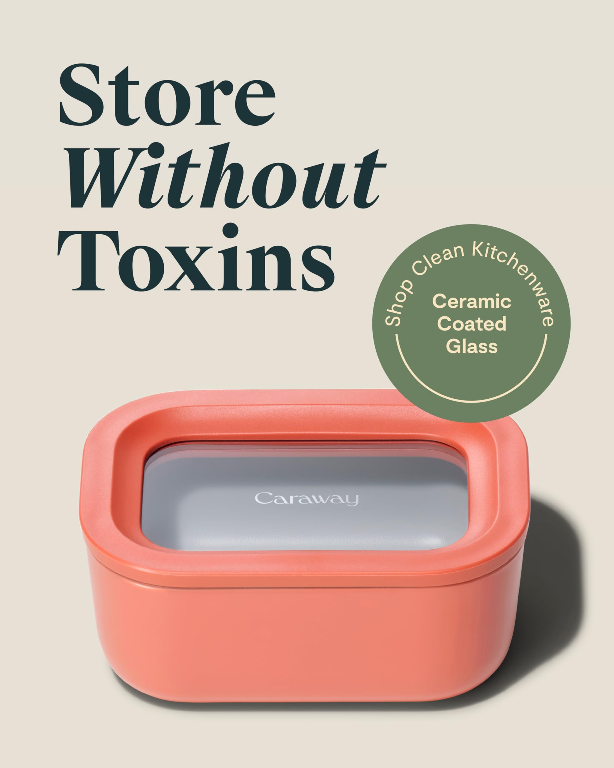Caraway Glass Food Storage - 6.6 Cup Glass Container - Ceramic Coated Food Container - Non Stick Lunch Box Container with Lids - Dishwasher, Oven, & Microwave Safe - Cream