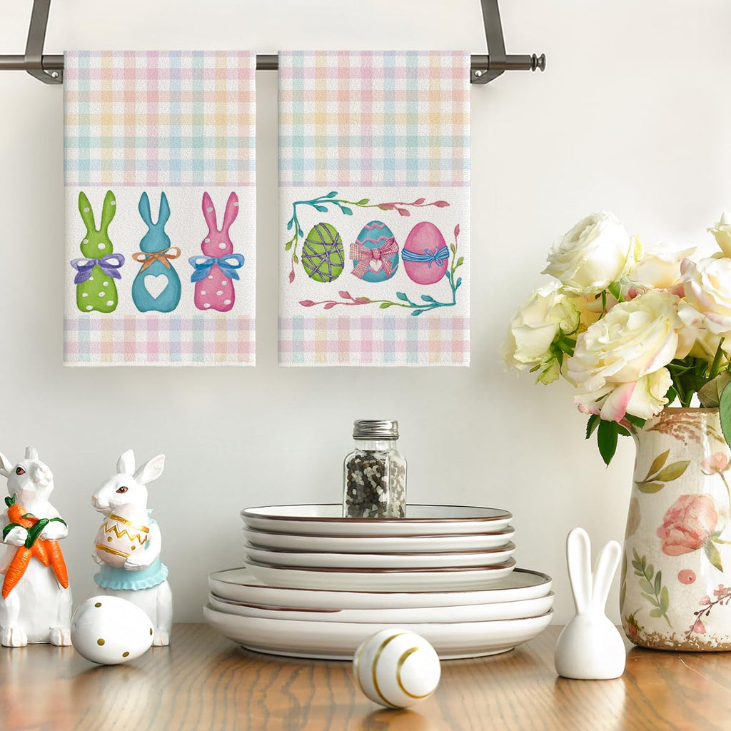 Artoid Mode Stripe Rabbit Bunny Eggs Easter Kitchen Towels Dish Towels, 18x26 Inch Spring Decoration Hand Towels Set of 2