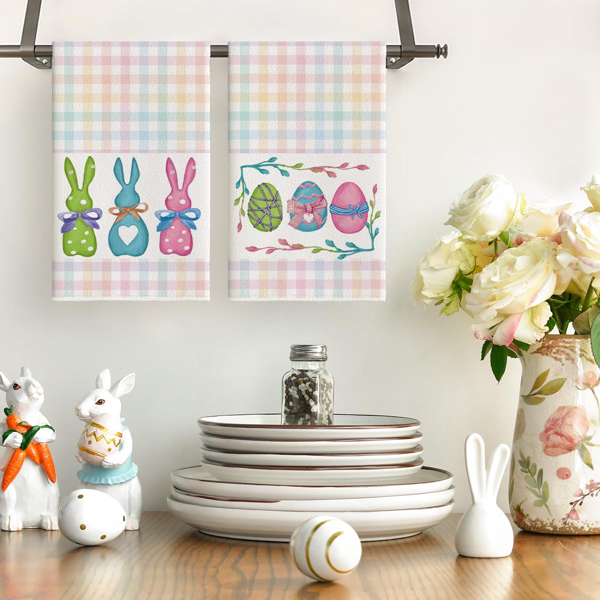 Artoid Mode Stripe Rabbit Bunny Eggs Easter Kitchen Towels Dish Towels, 18x26 Inch Spring Decoration Hand Towels Set of 2