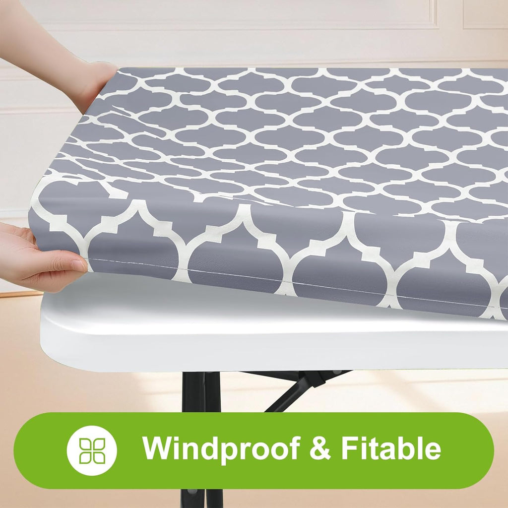 Smiry Rectangle Picnic Table Cover, Waterproof Elastic Fitted Camping Tablecloths for 6 Foot Tables, Wipeable Flannel Backed Vinyl Tablecloth Protector for Indoor, Outdoor (Grey, 30x72 Inches)
