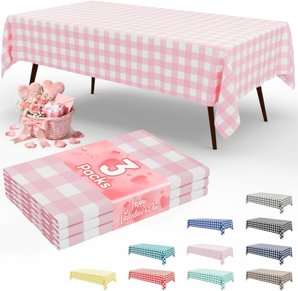 Smiry 3 Pack Red Gingham Disposable Tablecloths - 54" x 108" Heavy Duty Plastic Table Cloth, Waterproof Buffalo Plaid Table Covers for Picnic, Banquets, Outdoor Parties