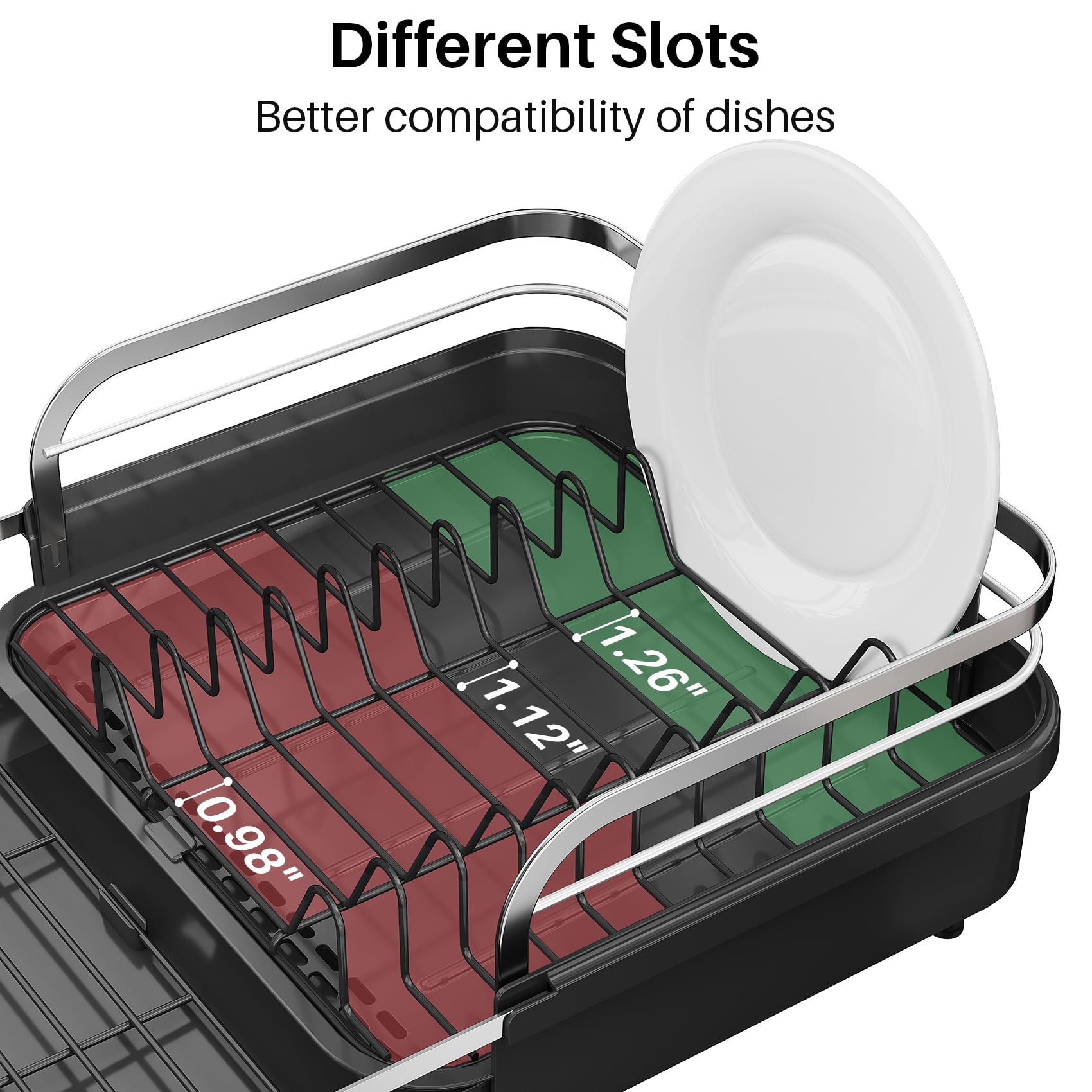 SNTD Dish Drying Rack, Expandable Dish Rack for Kitchen Counter, Stainless Steel Dish Drainer with Drainboard Set and Utensil Holder (Black)