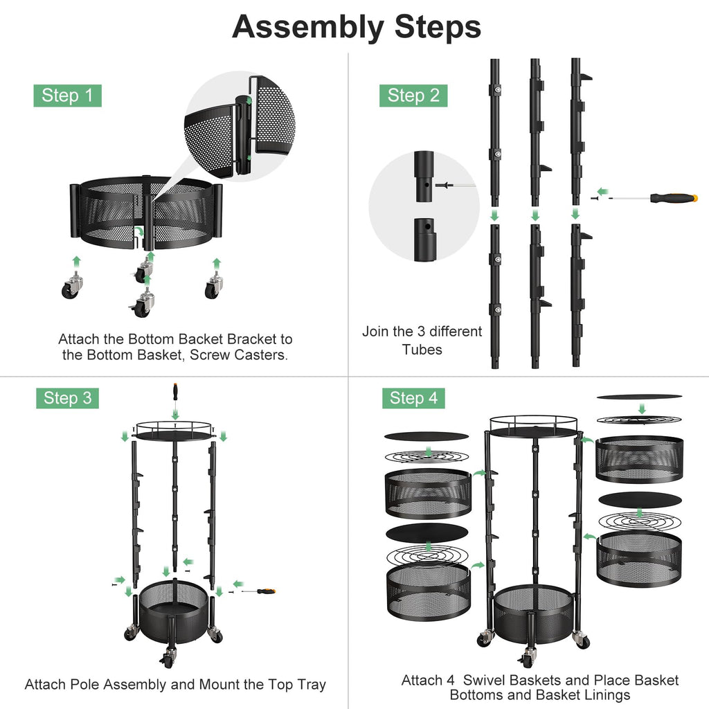 SNTD Fruit and Vegetable Basket Bowls for Kitchen with Metal Top Lid, 5 Tier Rotating Storage Rack Cart for Potato Onion Bread Banana, Wire Basket Organizer on Wheels, Large, Black