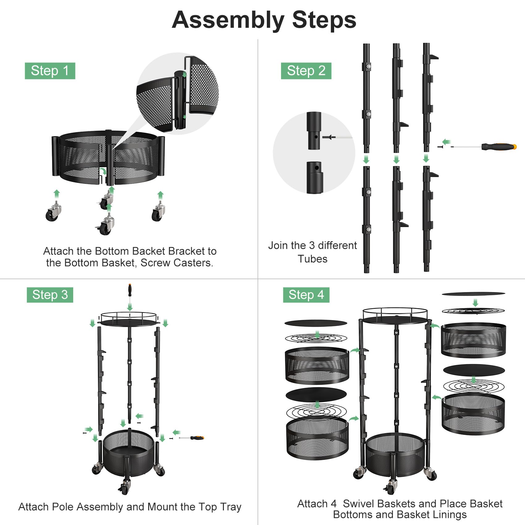 SNTD Fruit and Vegetable Basket Bowls for Kitchen with Metal Top Lid, 5 Tier Rotating Storage Rack Cart for Potato Onion Bread Banana, Wire Basket Organizer on Wheels, Large, Black