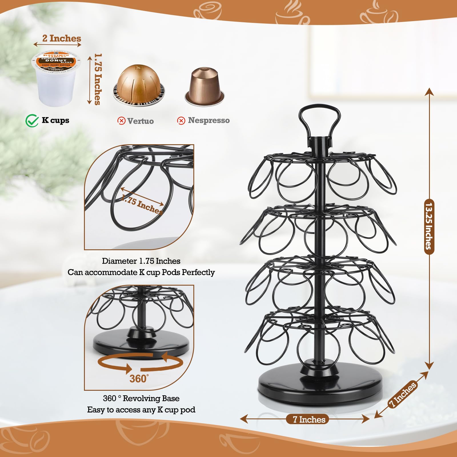 K Cup Holder, K Cup Carousel, Coffee Pods Storage Organizer Stand (Black, 32 Pods Capacity K/D Design)