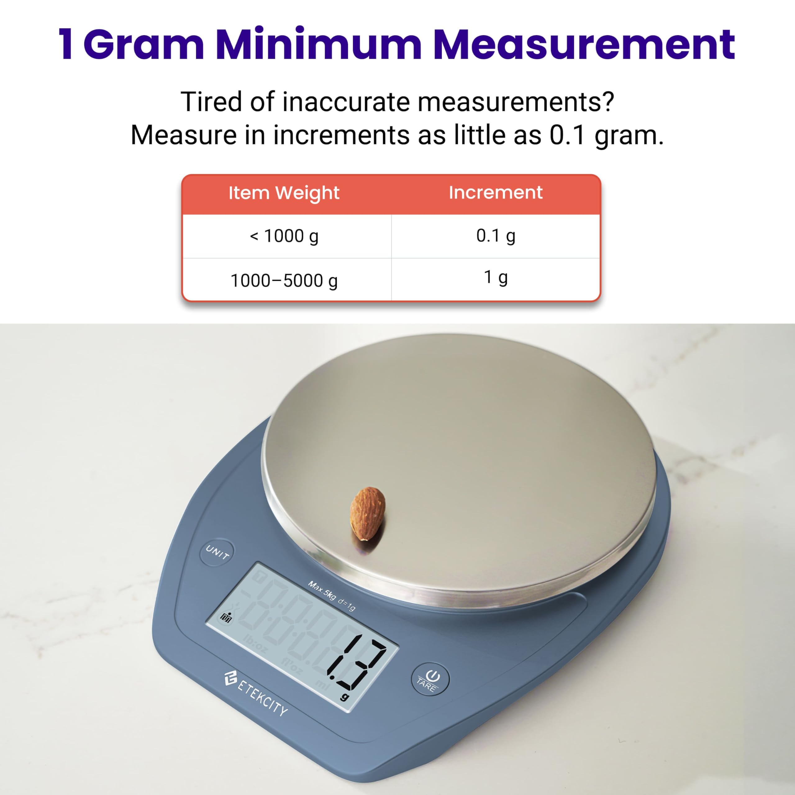 Etekcity 0.1g Food Kitchen Scale, Bowl, Digital Grams and Ounces for Weight Loss, Dieting, Baking, Cooking, and Meal Prep, 11lb/5kg, Stainless Steel Silver