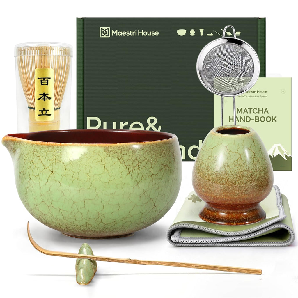 Maestri House Pink Matcha Whisk Set, 7-Pc Complete Matcha Kit with Spouted Ceramic Bowl, Bamboo Whisk and Holder, Scoop, Spoon Rest & Sifter, Tea Cloth – Ideal Gift for Matcha Lovers (Pink)