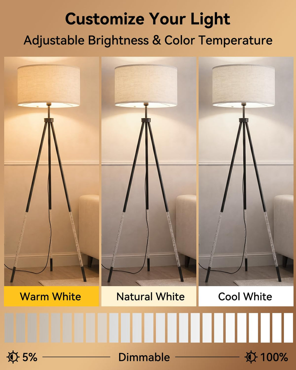 JOOFO Tripod Floor Lamp with Fabric Shade, Crystal-Style Acrylic & Metal Pole Design, Stepless Dimmable Standing Floor Lamp with Remote Control, Mid-Century Style for Living Room Bedroom,Satin Nickel