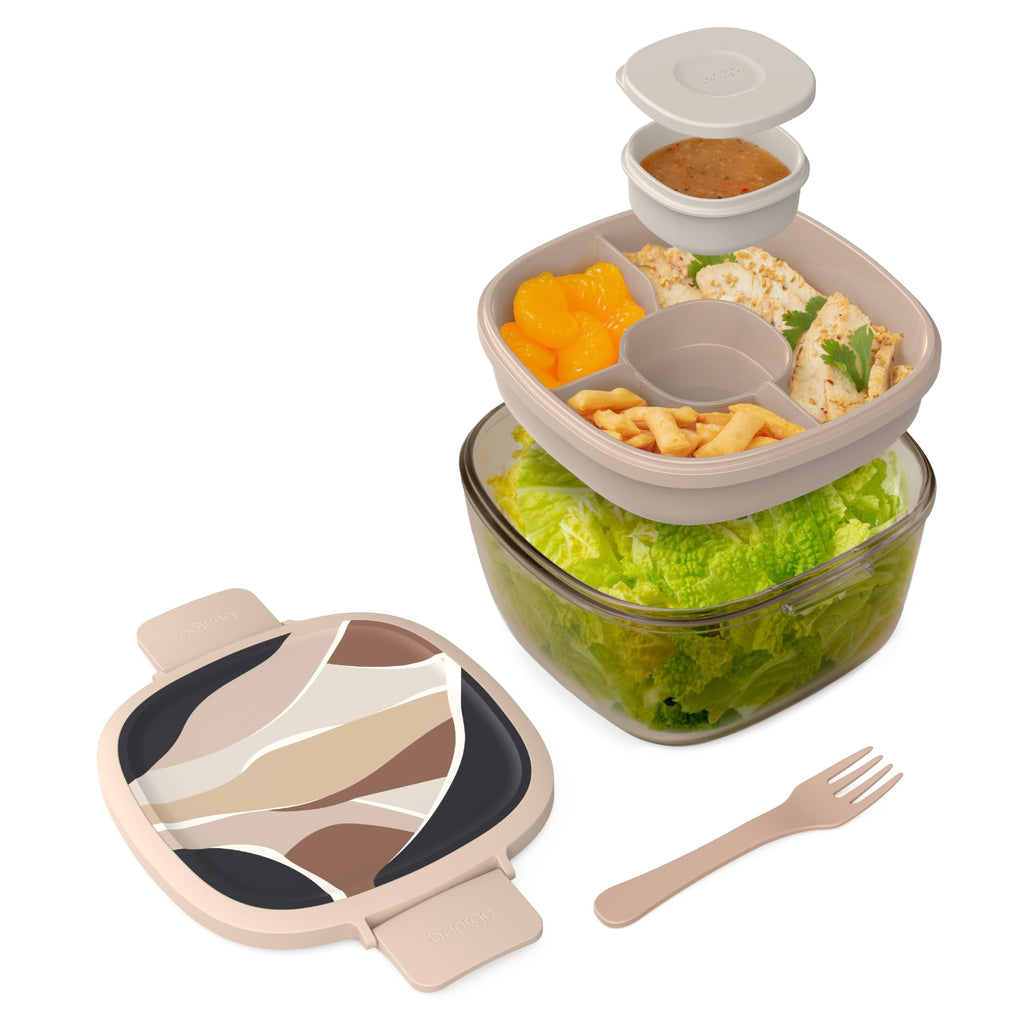 Bentgo Glass Salad Container - 7.6-Cup Salad Bowl with Airtight Lid, Leak-Proof Sauce Container, 4-Compartment Bento Tray & Reusable Fork - BPA-Free for Meal Prep, Office & More (Lavender)