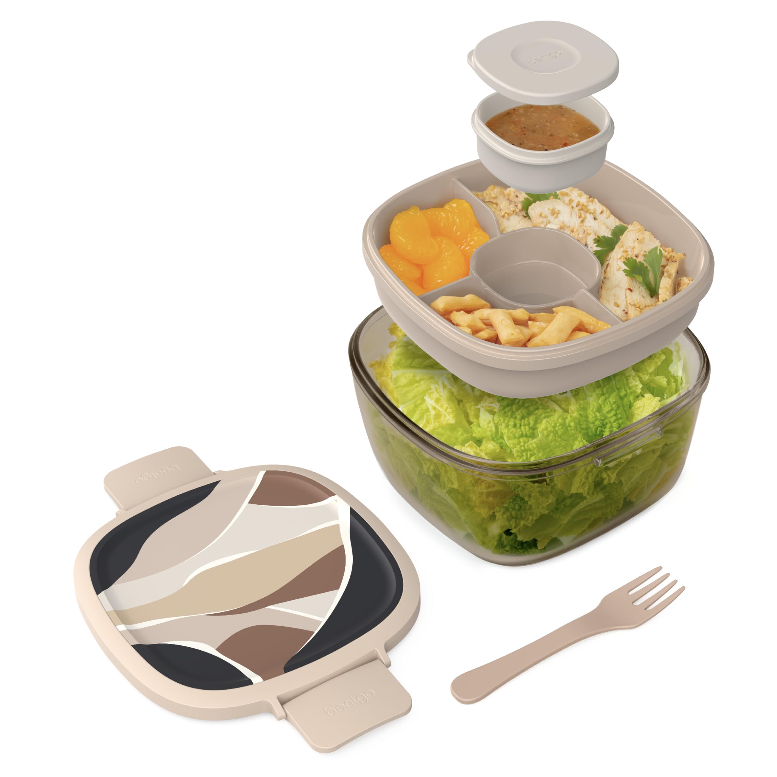 Bentgo Glass Salad Container - 7.6-Cup Salad Bowl with Airtight Lid, Leak-Proof Sauce Container, 4-Compartment Bento Tray & Reusable Fork - BPA-Free for Meal Prep, Office & More (Lavender)