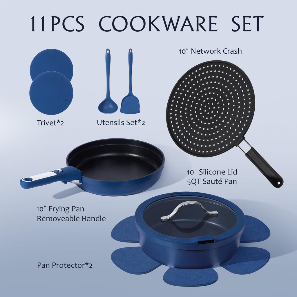CAROTE 22pcs Pots and Pans Set Non Stick, Nonstick Cookware Set, Dishwasher/Oven/Fridge Safe Pots and Pans, Removable Handle RV Oven Safe Cookware, Induction Kitchen Set, Blue