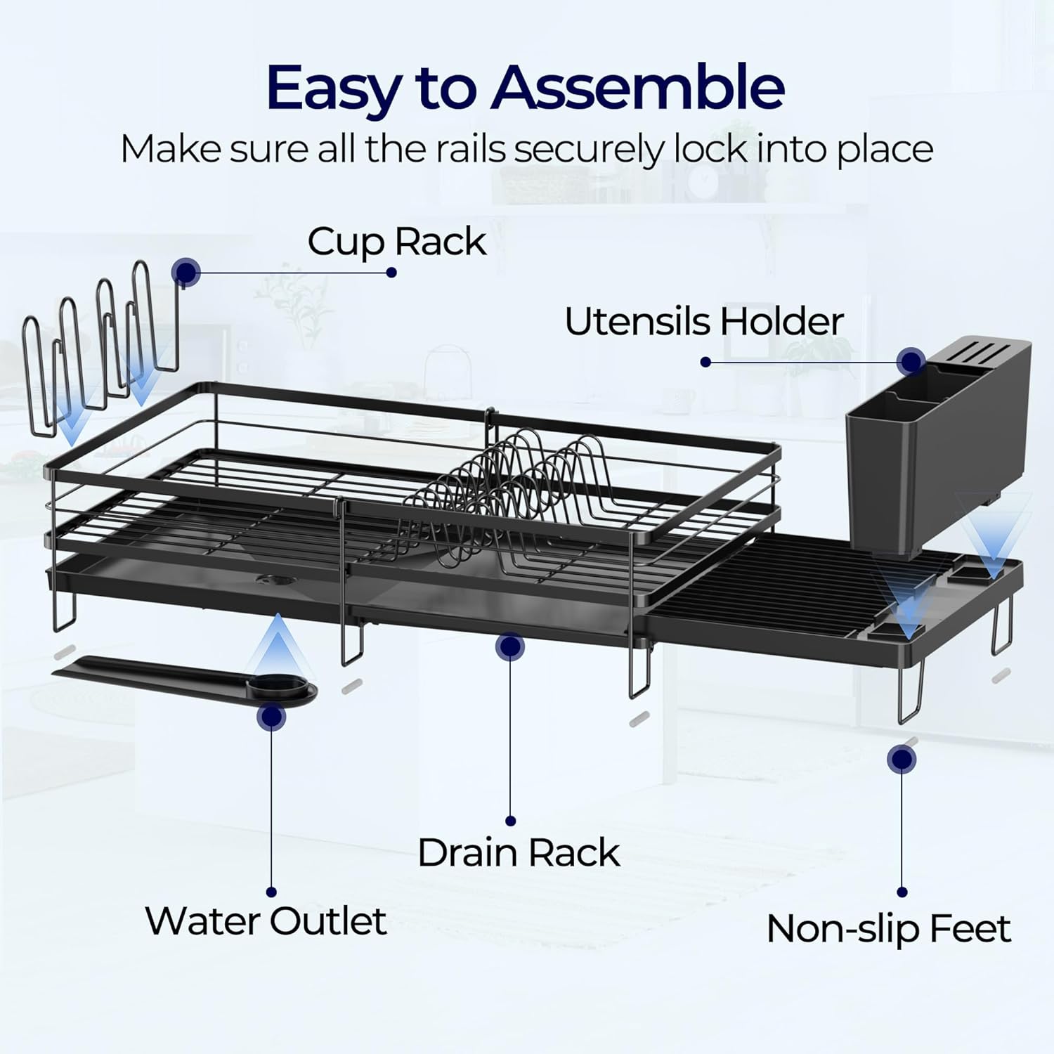 Large Dish Drying Rack, Expandable Dish Rack for Kitchen Counter, Dish Drainer with Drainboard Set, Multifunctional Dishrack with Utensil Holder & Cup Holder, 13.4"-28.7" L x 11.8" W, Black