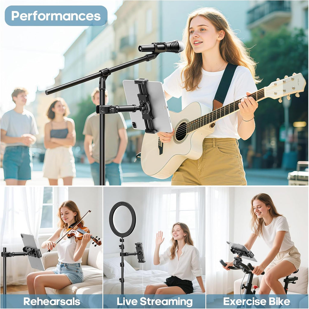 KDD iPad Holder for Mic Stand, Adjustable Tablet & Phone Mount for Microphone Music Stand, Fitness Bike Handlebar Bracket, Fit for iPad Pro 12.9, Air, Mini, Galaxy Tabs, iPhone(4.7-13”)