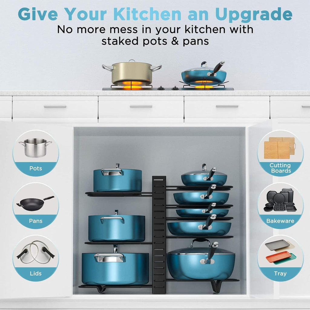 ORDORA 8 Tier Pots and Pans Organizer for Cabinet 16.61'' Height & Expandable Large Dish Drying Rack, Stainless Steel Dish Rack for Kitchen Counter