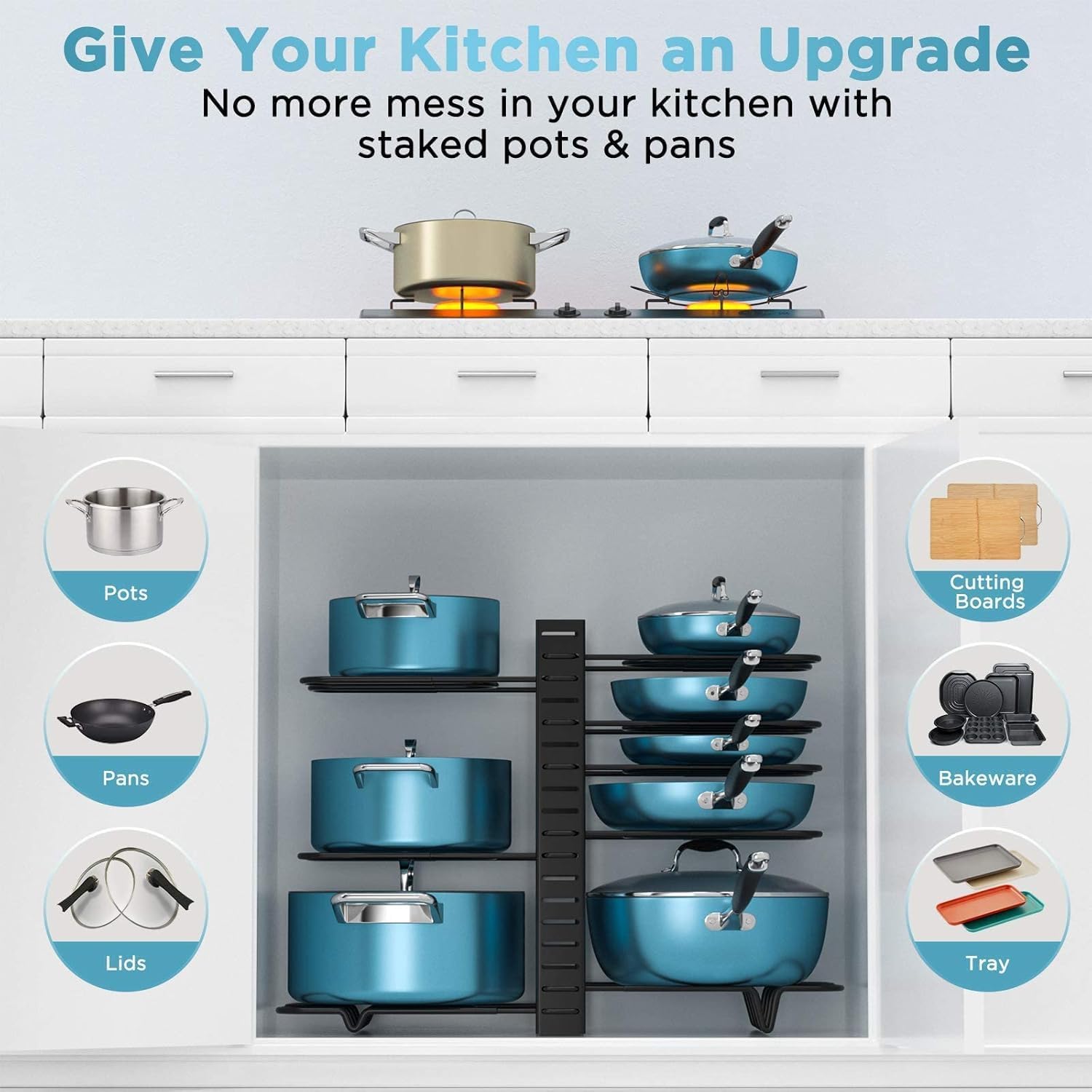 ORDORA 8 Tier Pots and Pans Organizer for Cabinet 16.61'' Height & Expandable Large Dish Drying Rack, Stainless Steel Dish Rack for Kitchen Counter