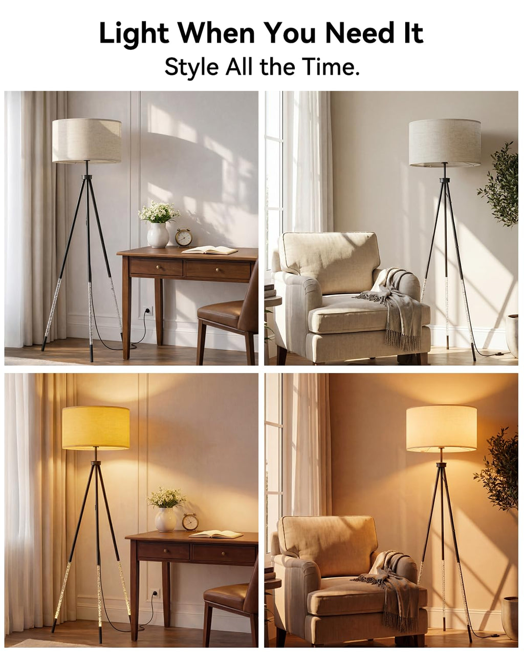 JOOFO Tripod Floor Lamp with Fabric Shade, Crystal-Style Acrylic & Metal Pole Design, Stepless Dimmable Standing Floor Lamp with Remote Control, Mid-Century Style for Living Room Bedroom,Satin Nickel