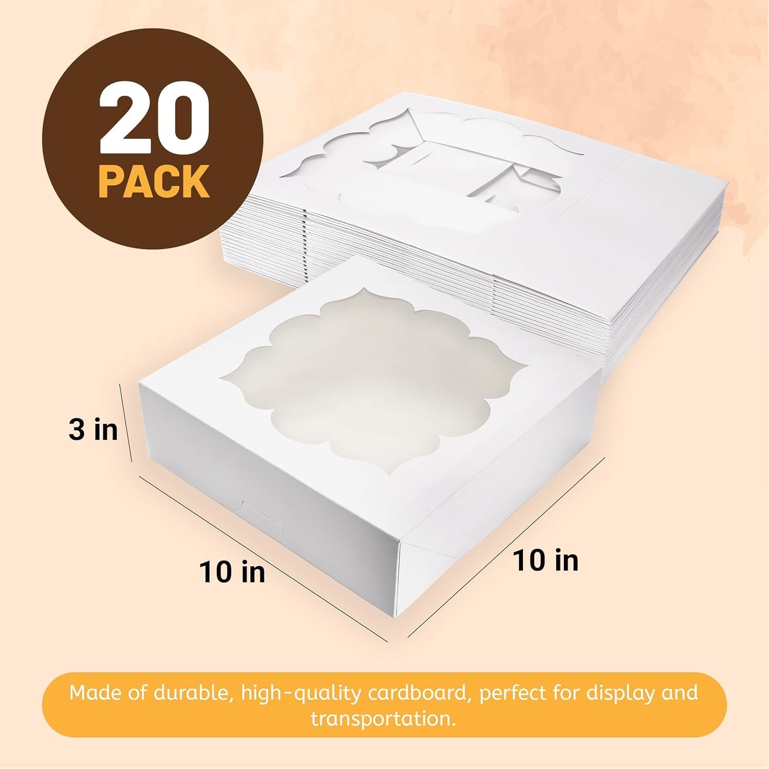 Valentine Gift 20 Pack Pie Boxes 10x10x3inch Bakery Boxes with Window Dessert Pastry Box for Pies,Cheesecakes and Chocolate Covered Strawberries (White)