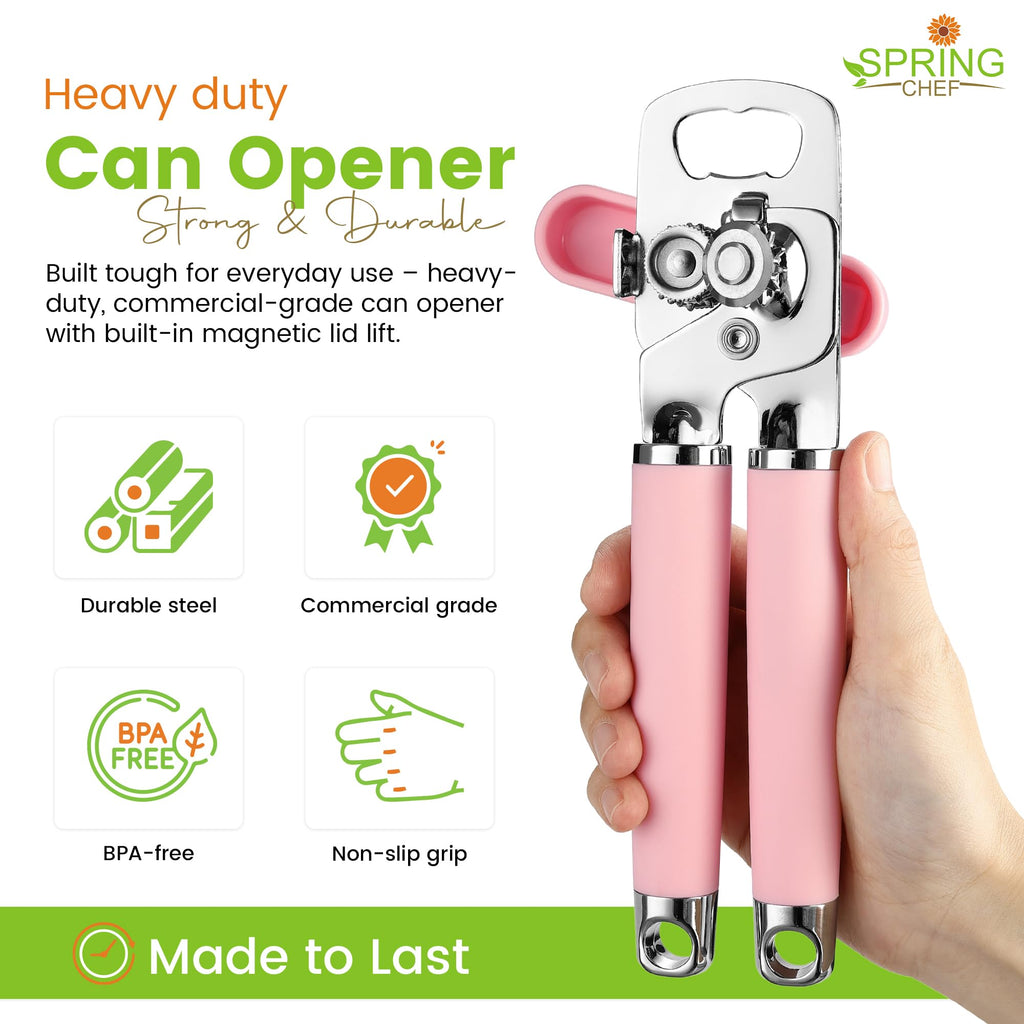 Spring Chef Stainless Steel Can Opener - Manual with Soft Grip Handles, Easy Turn, Heavy Duty Hand Can Openers for Seniors with Smooth Edge - Magnetic Lid Remover - Black