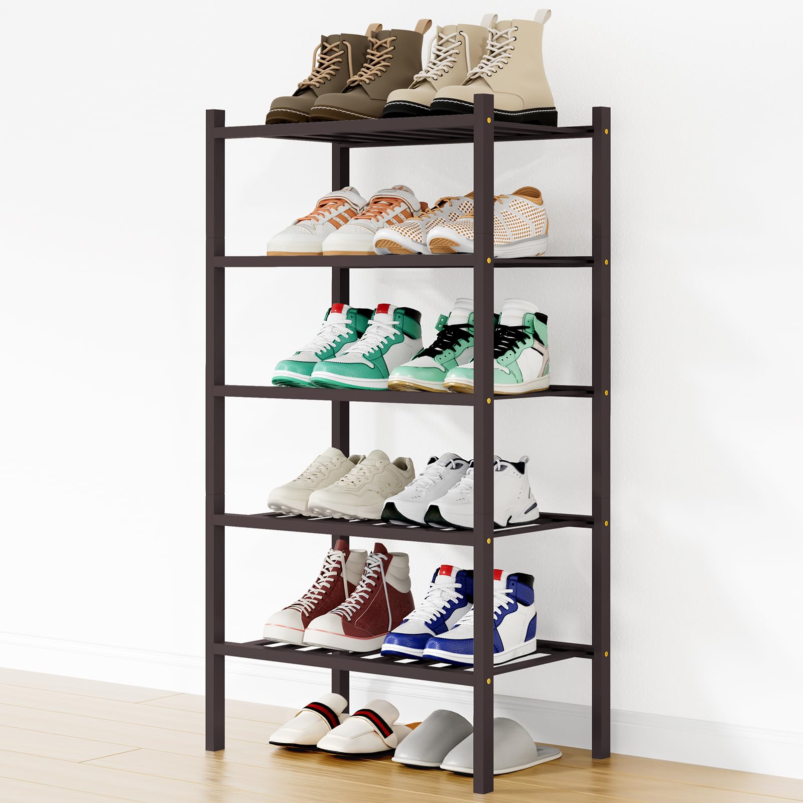 Smiry Shoe Rack, 3 Tier Bamboo Shoe Organizer, Stackable Free Standing Wooden Shoe Storage Shelf for Closet, Entryway, Front Door Entrance, Natural