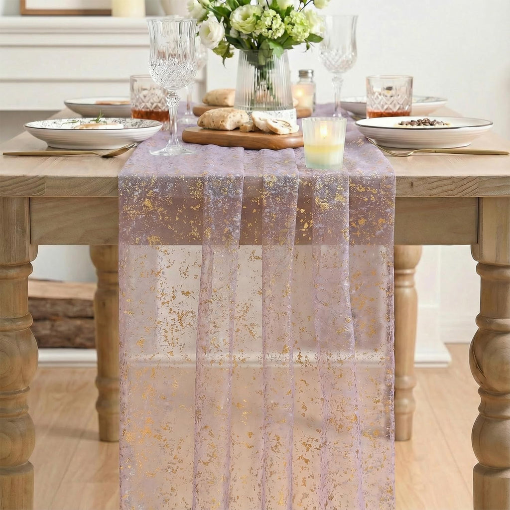 Artoid Mode Beige Gold Gauze Table Runner 120 Inch 10FT, Glitter Metallic Foil Sheer Dining Wedding Anniversary Holiday Birthday Table Decor for Home Party