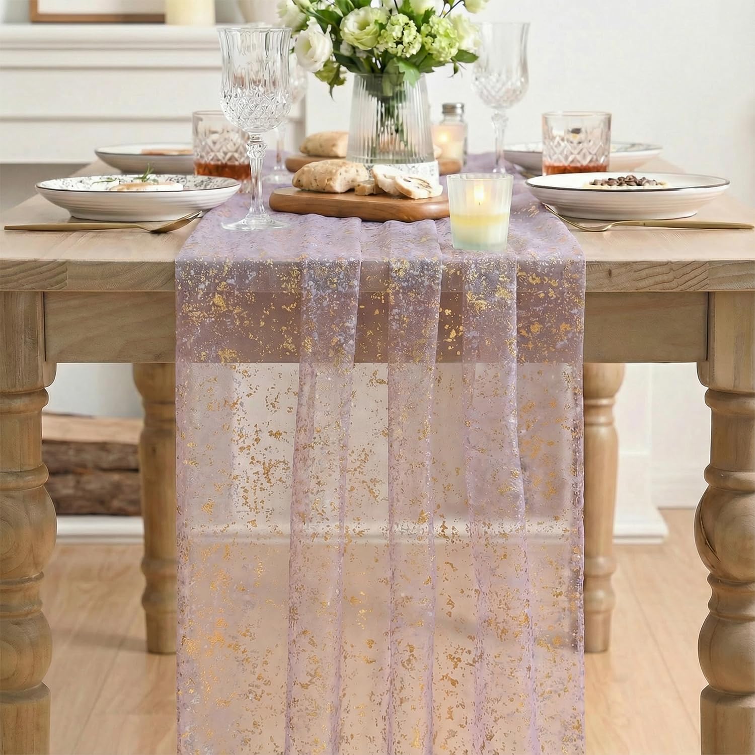 Artoid Mode Beige Gold Gauze Table Runner 120 Inch 10FT, Glitter Metallic Foil Sheer Dining Wedding Anniversary Holiday Birthday Table Decor for Home Party