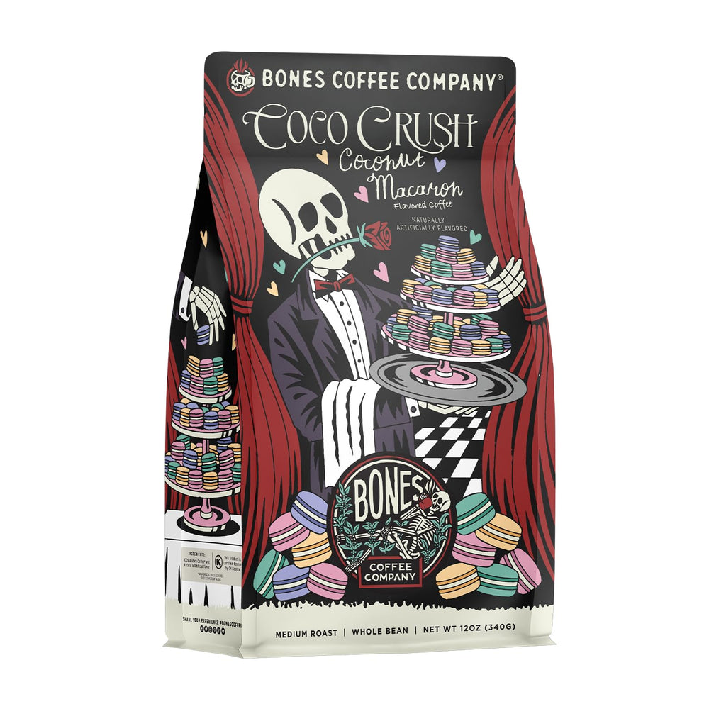Bones Coffee Company Cinnamon Roll Flavored Coffee, Medium Roast Low Acid Arabica Beans Compatible with Auto drip and French Press Coffee Maker, 12 Oz Whole Bean