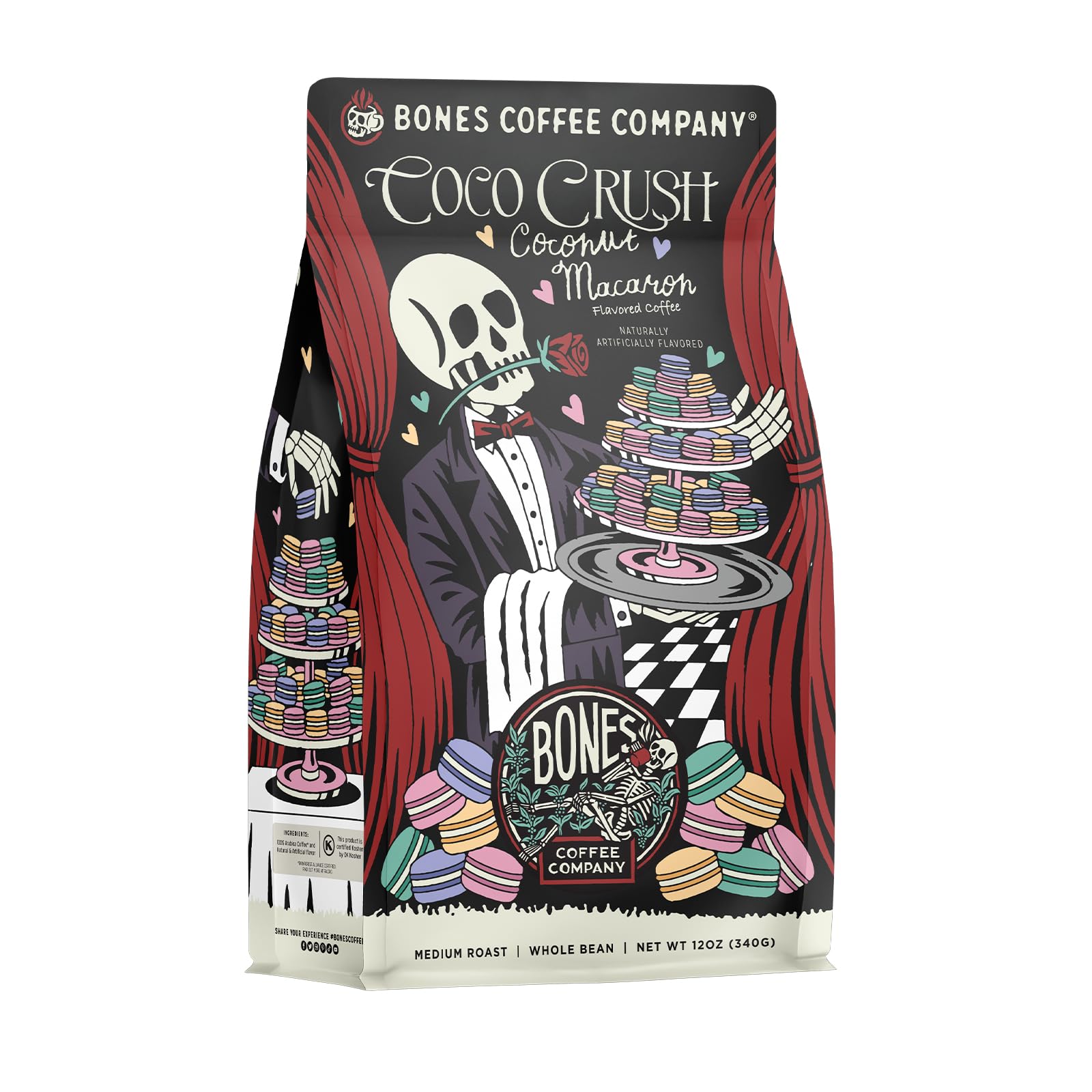 Bones Coffee Company Cinnamon Roll Flavored Coffee, Medium Roast Low Acid Arabica Beans Compatible with Auto drip and French Press Coffee Maker, 12 Oz Whole Bean