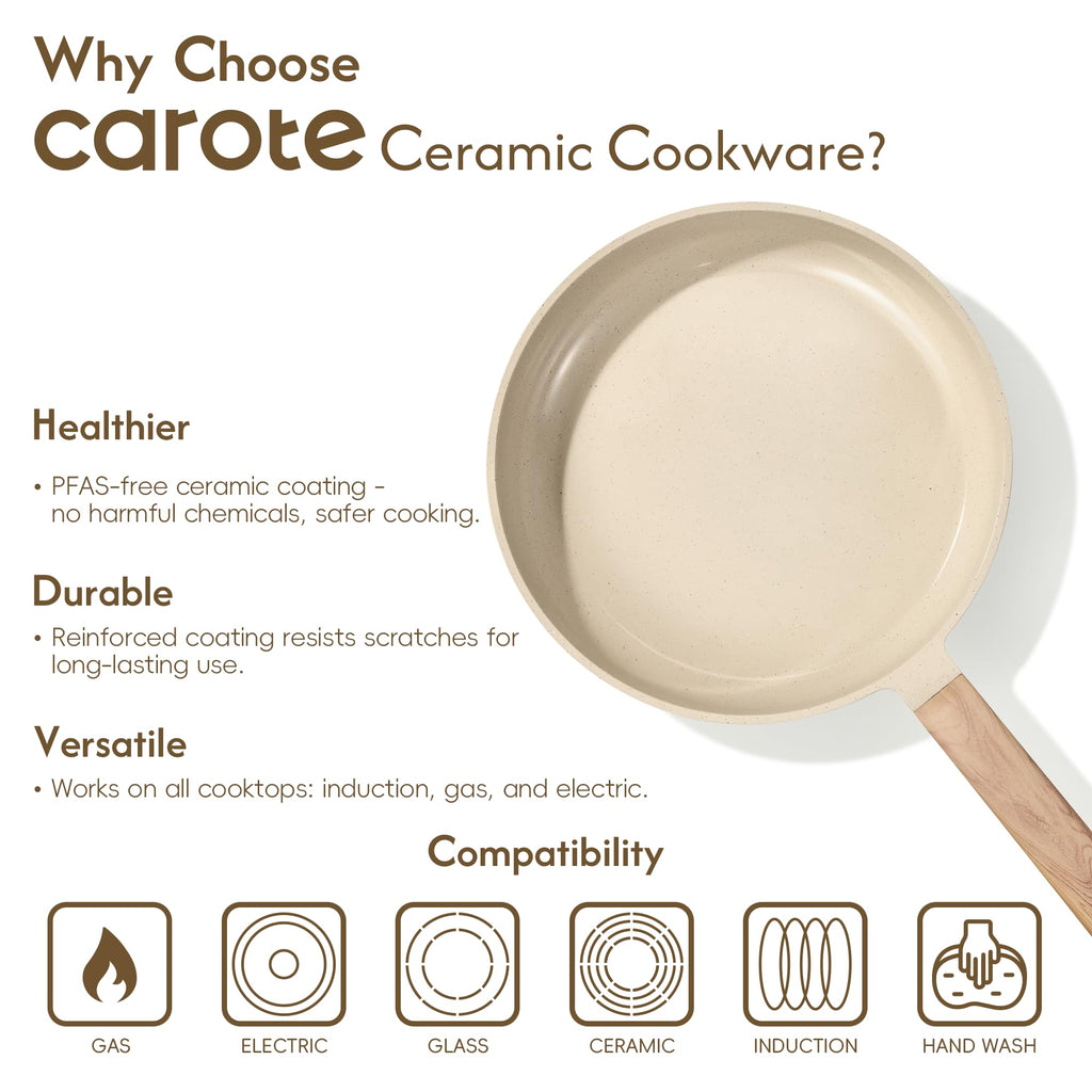 CAROTE 14Pcs Pots and Pans Set Non stick, Ceramic Cookware Set, Non-toxic Kitchen Cooking Set, PFAS and PFOA Free
