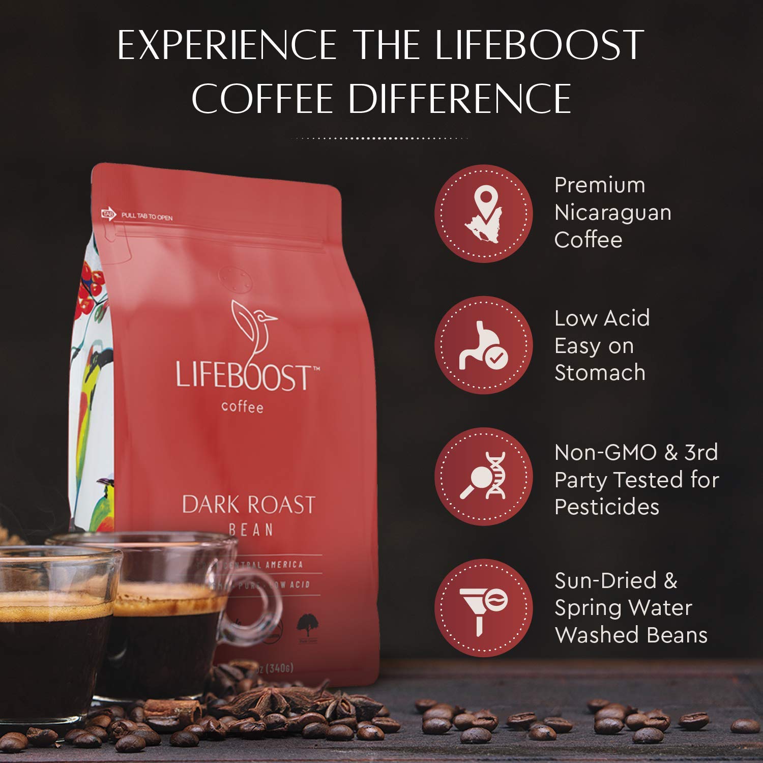 Lifeboost Coffee Whole Bean Coffee - 3 Pack Bundle - Low Acid Dark Roast, Medium Roast & Decaf