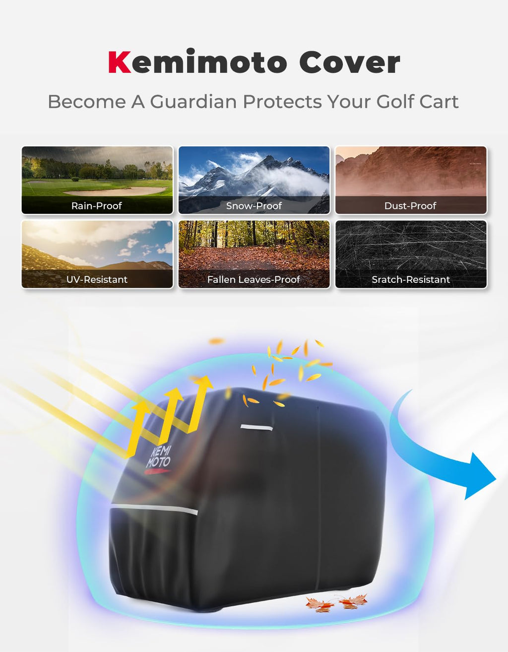 KEMIMOTO 600D Waterproof Golf Cart Cover, Universal Heavy Duty Large 6-Seater Golf Cart Rain Cover with Storage Bag Compatible with EZGO Club Car 6/4+2 Passenger, Black