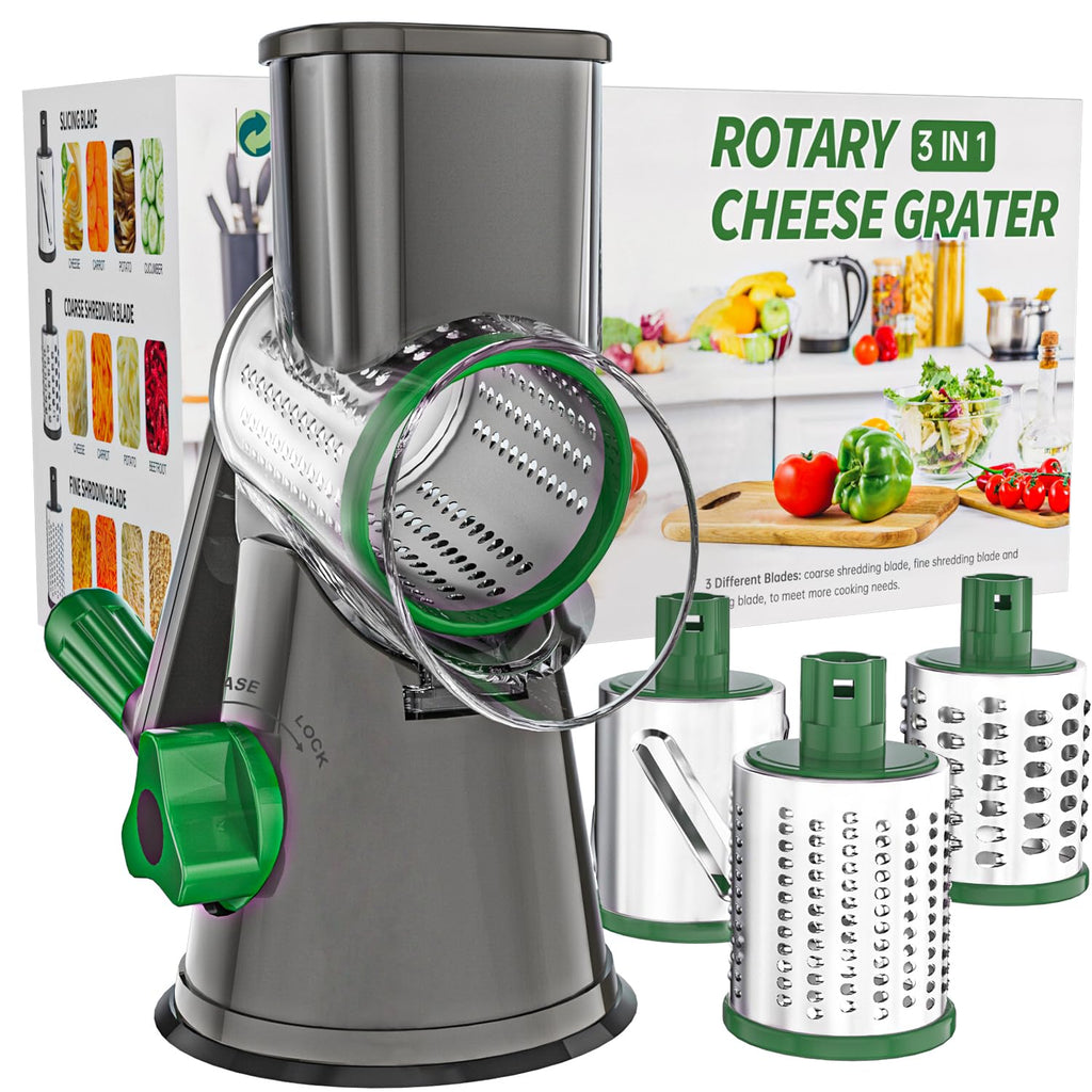 Cambom 5 in 1 Rotary Cheese Grater Hand Crank Cheese Shredder for Fresh Cheese, Vegetable, Nuts,Non-slip Suction Base, Black