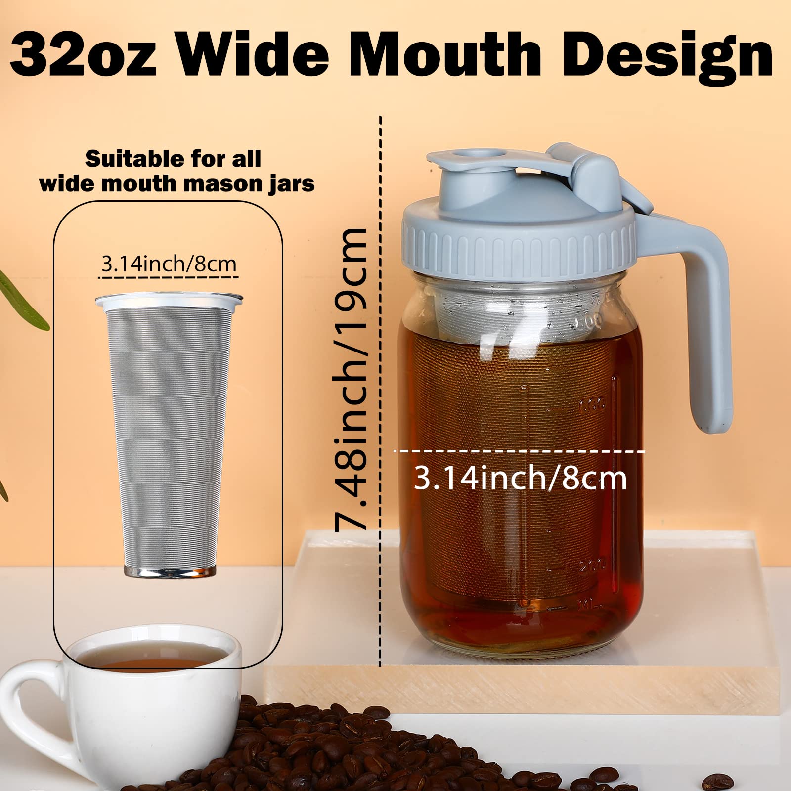 Cold Brew Mason Coffee Maker - 64oz Iced Coffee Pitcher with Stainless Steel Mixing Spoon & Super Dense Filter 3 Steps Finish Cold Brew Coffee, Classic BPA Free Sturdy Mason jar Pitcher Easy to Clean