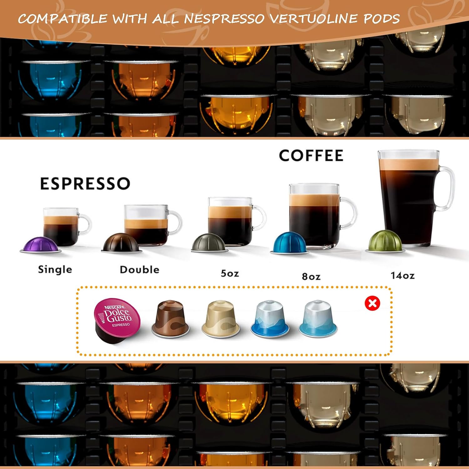 Heavy Duty Crystal Acrylic Sleek Coffee Pods Holder with Beautiful Solid Pod Drawer, Compatible for All Nespresso VertuoLine Pods, Great Capacity Holds up to 60 Small or 40 Big Vertuoline Pods