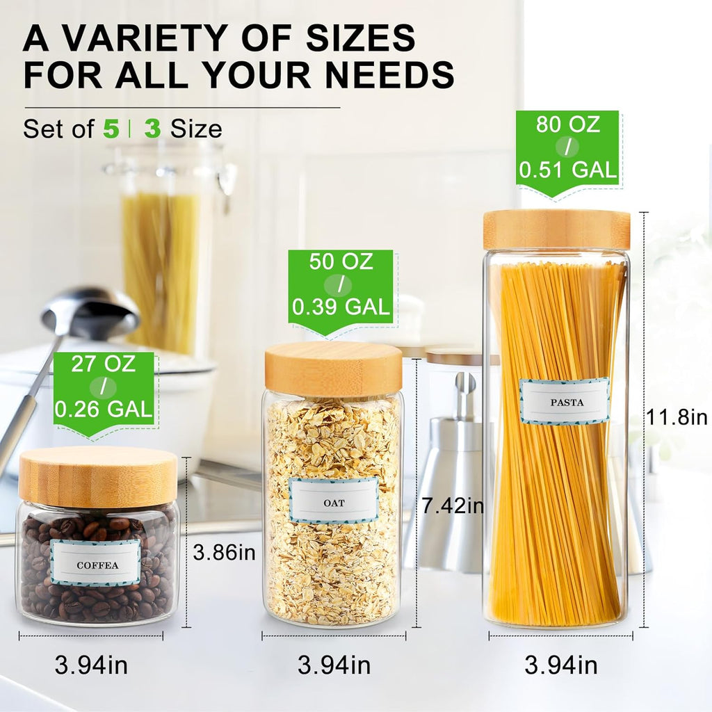AISIPRIN 24 pcs Spice Jars with Lable & 5pcs Airtight Glass Jar with Lid for Cookie, Pasta, Cereal Storage Containers