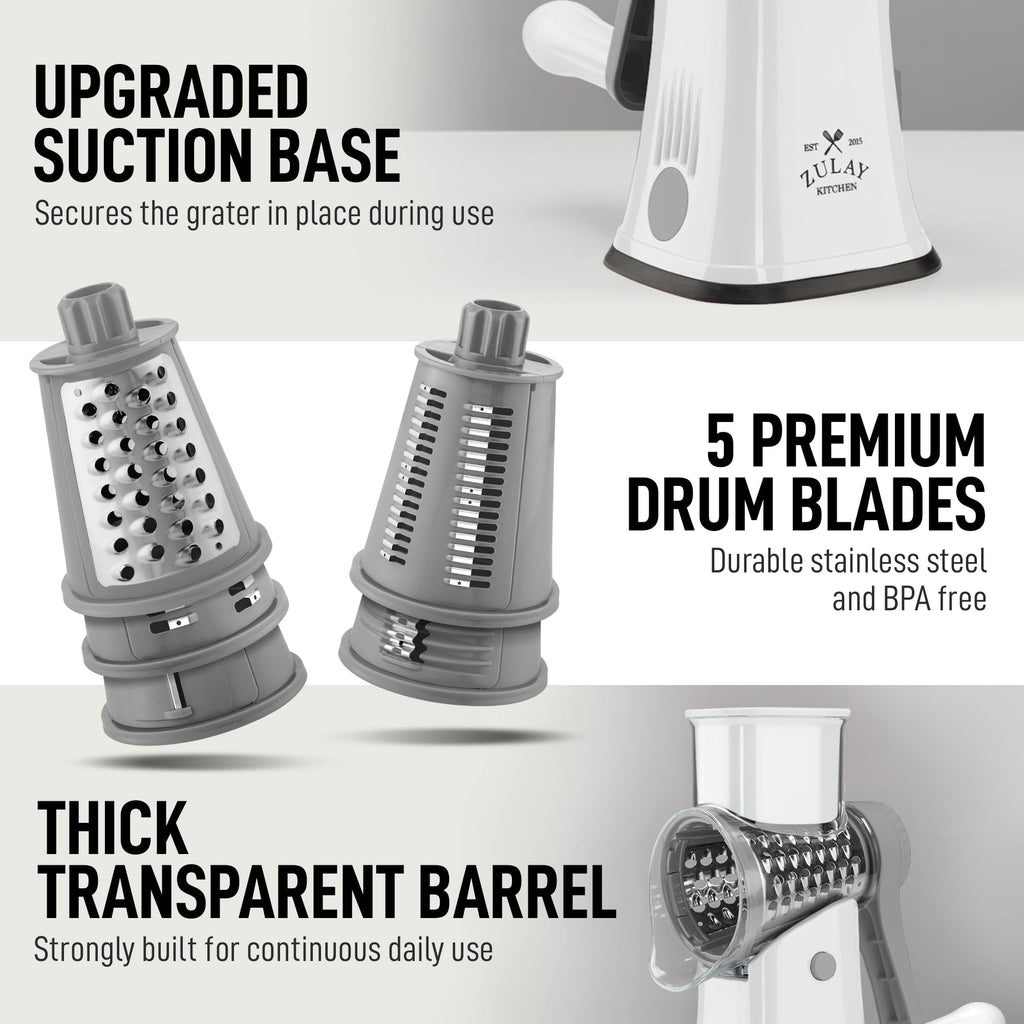 Zulay Kitchen Rotary Cheese Grater 5 Blade Cheese Shredder - Manual Hand Crank Cheese Grater With Reinforced Suction & 5 Interchangeable Drums - Easy to Use, Vegetable Chopper Round Mandoline Slicer