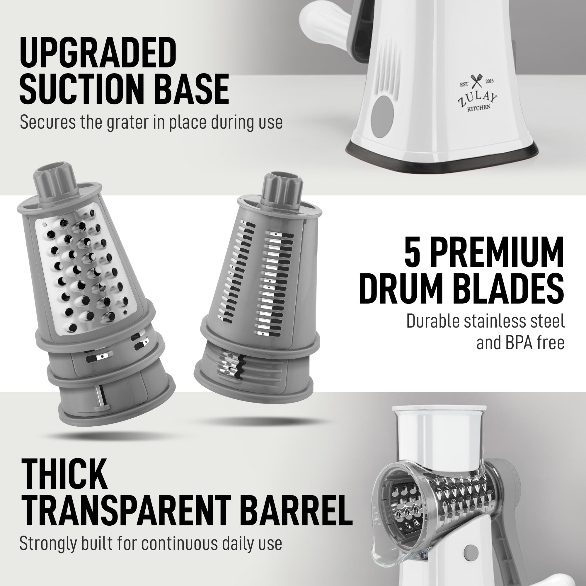Zulay Kitchen Rotary Cheese Grater 5 Blade Cheese Shredder - Manual Hand Crank Cheese Grater With Reinforced Suction & 5 Interchangeable Drums - Easy to Use, Vegetable Chopper Round Mandoline Slicer