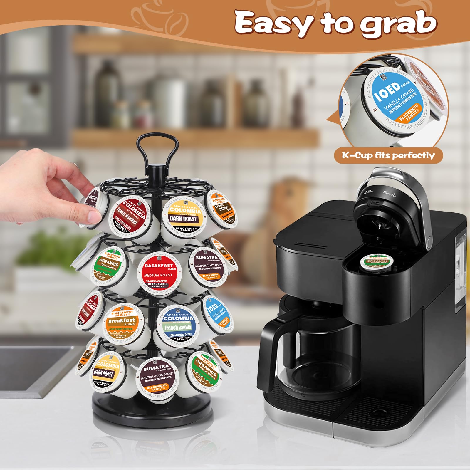 K Cup Holder, K Cup Carousel, Coffee Pods Storage Organizer Stand (Black, 32 Pods Capacity K/D Design)
