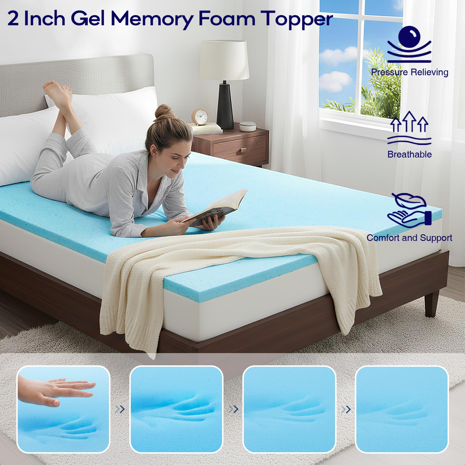 OLANLY Dual-Layer 4 Inch Queen Size Memory Foam Mattress Topper for Back Pain, 2 Inch Cooling Pillow Top Mattress Pad Cover and 2 Inch Gel Memory Foam Topper, Deep Elastic Pocket, Grey