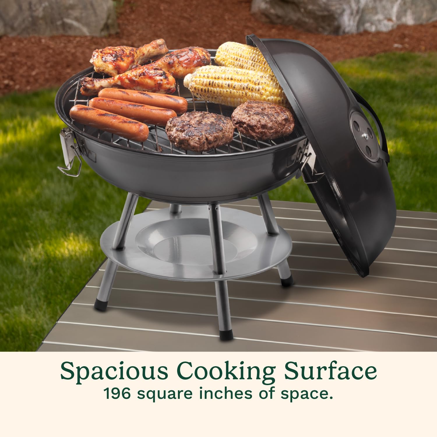 Cuisinart 14" Portable Charcoal Grill, Tabletop Outdoor Small Grill with Locking Lid and Dual Vents, Chrome Plated Travel Size BBQ Perfect for Camping, Tailgates, Cookouts, Red
