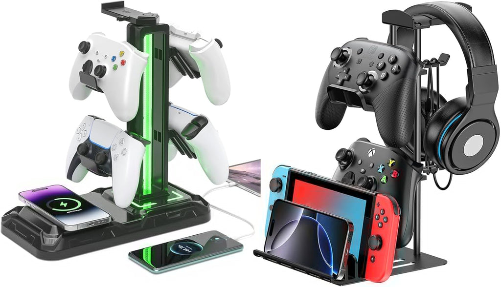 KDD RGB Headphone Controller Stand with Wireless Charging & Desk Aluminum Headphone Stand for Universal Storage