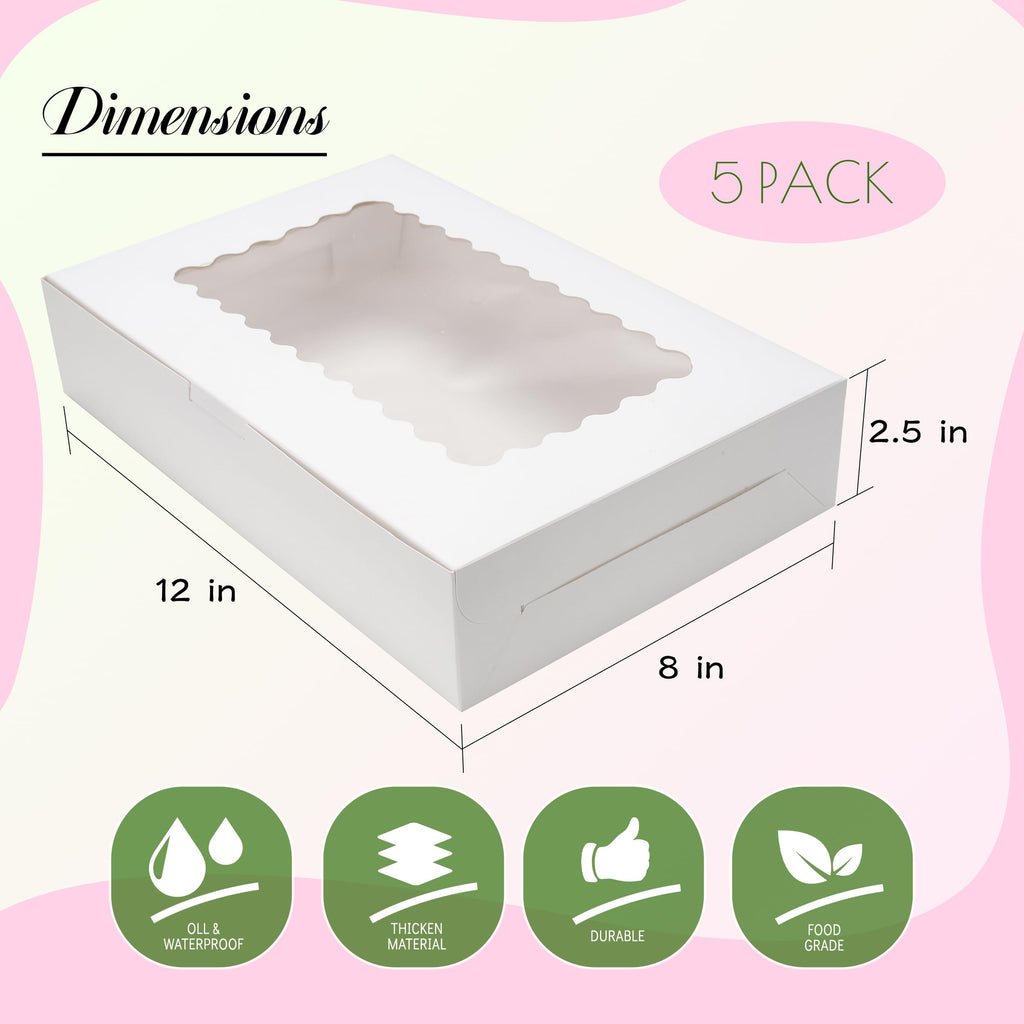 5 Pack Cookie Boxes 12x8x2.5inch Bakery Boxes with Window Treat Boxes for Cookie Packaging Gift Giving Dessert Boxes for Chocolate Covered Strawberries, Donuts, Cocoa Bombs (White)