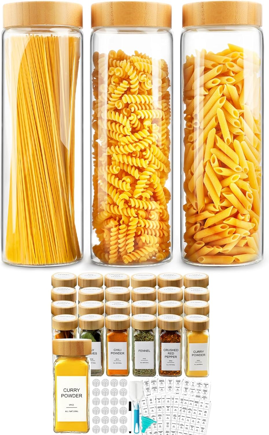 AISIPRIN Glass Spice Jars with Bamboo Lids 24 pcs & 3pcs Glass Jars with Airtight Lid