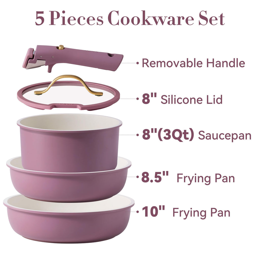 CAROTE Ceramic Pots and Pans Set Non Stick, Nonstick Kitchen Cookware Sets with Lid, Detachable Handle Sauté Pan Set, Non Toxic Frying Pan, Oven Safe, Induction Ready, Cream White